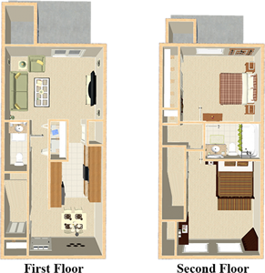 Two bedroom one and a half bath townhome floor plan