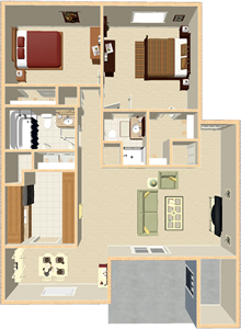 Two bedroom one and three quarter bath floor plan
